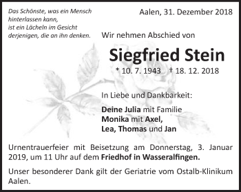 Traueranzeige von Siegfried Stein von Schwäbische Post