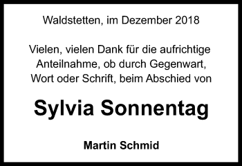Traueranzeige von Sylvia Sonnentag von Gmünder Tagespost