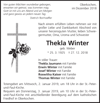 Traueranzeige von Thekla Winter von Schwäbische Post