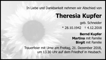 Traueranzeige von Theresia Kupfer von Gmünder Tagespost