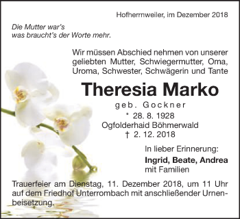 Traueranzeige von Theresia Marko von Schwäbische Post