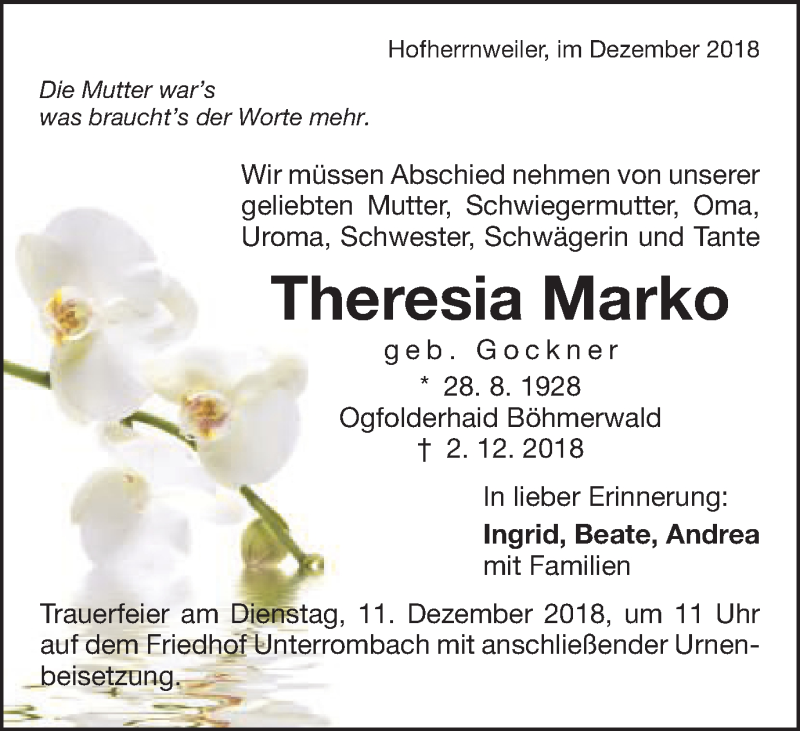  Traueranzeige für Theresia Marko vom 08.12.2018 aus Schwäbische Post