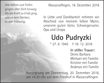 Traueranzeige von Udo Pudryzki von Schwäbische Post