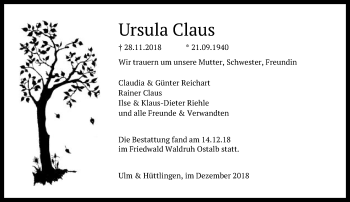 Traueranzeige von Ursula Claus von Schwäbische Post