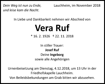 Traueranzeige von Vera Ruf von Schwäbische Post