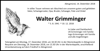 Traueranzeige von Walter Grimminger von Schwäbische Post
