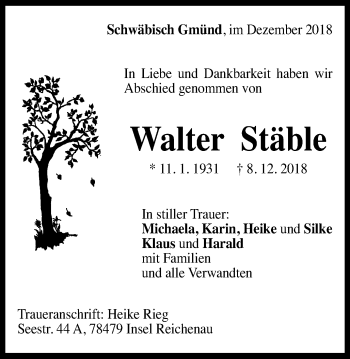 Traueranzeige von Walter Stäble von Gmünder Tagespost