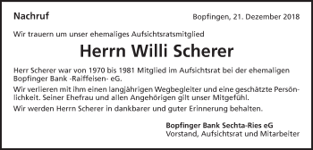 Traueranzeige von Willi Scherer von Schwäbische Post