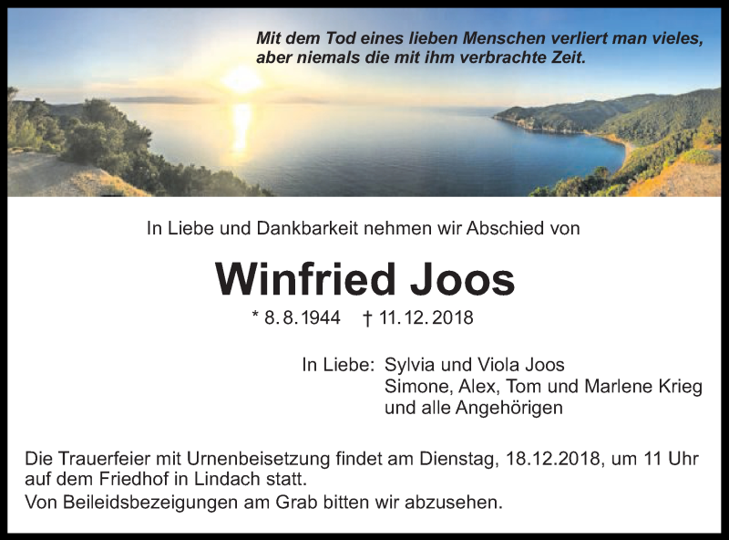  Traueranzeige für Winfried Joos vom 15.12.2018 aus Gmünder Tagespost