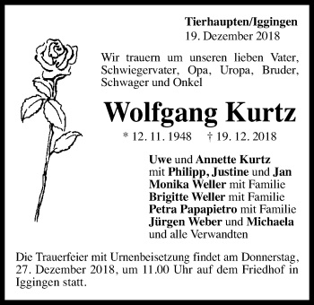 Traueranzeige von Wolfgang Kurtz von Gmünder Tagespost