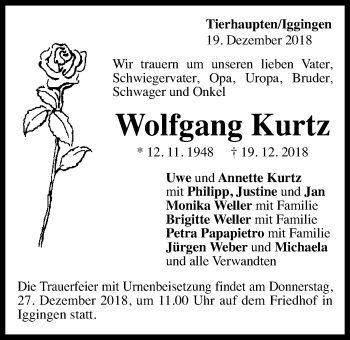 Traueranzeige von Wolfgang Kurtz