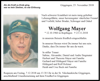 Traueranzeige von Wolfgang Mayer von Schwäbische Post