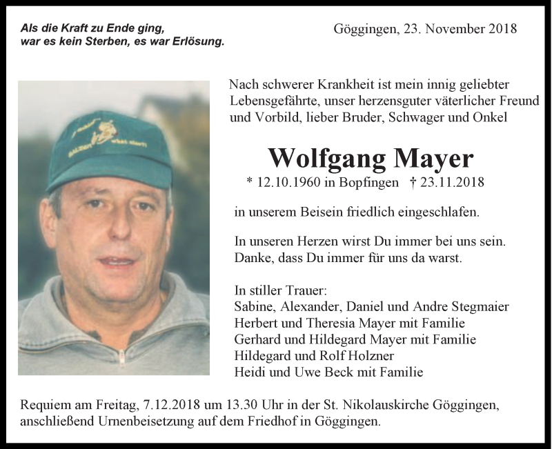  Traueranzeige für Wolfgang Mayer vom 04.12.2018 aus Schwäbische Post