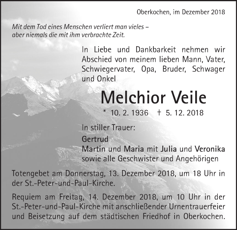  Traueranzeige für Melchior Veile vom 11.12.2018 aus Schwäbische Post