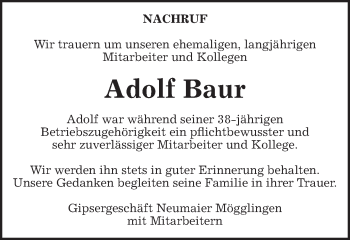 Traueranzeige von Adolf Baur von Gmünder Tagespost