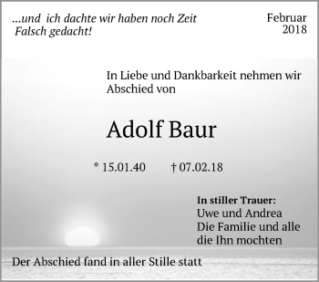 Traueranzeige von Adolf Baur von Schwäbische Post