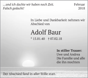 Traueranzeige von Adolf Baur von Schwäbische Post