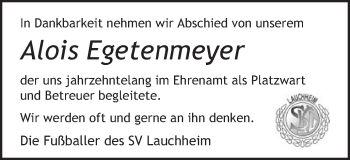 Traueranzeige von Alois Egetenmeyer von Schwäbische Post
