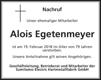 Traueranzeige von Alois Egetenmeyer von Schwäbische Post