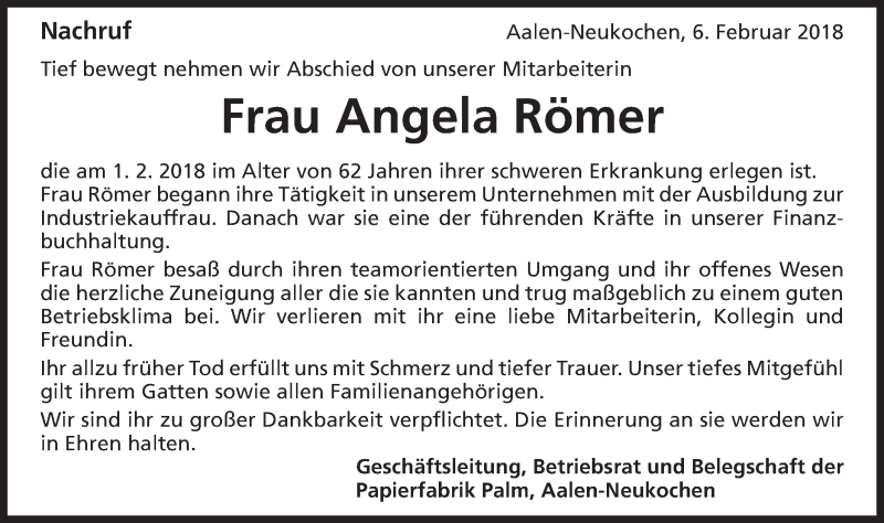  Traueranzeige für Angela Römer vom 06.02.2018 aus Schwäbische Post