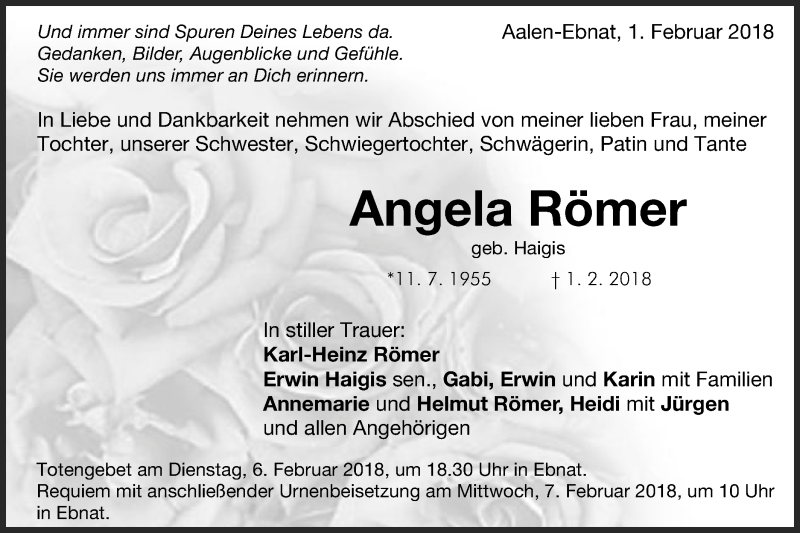  Traueranzeige für Angela Römer vom 03.02.2018 aus Schwäbische Post