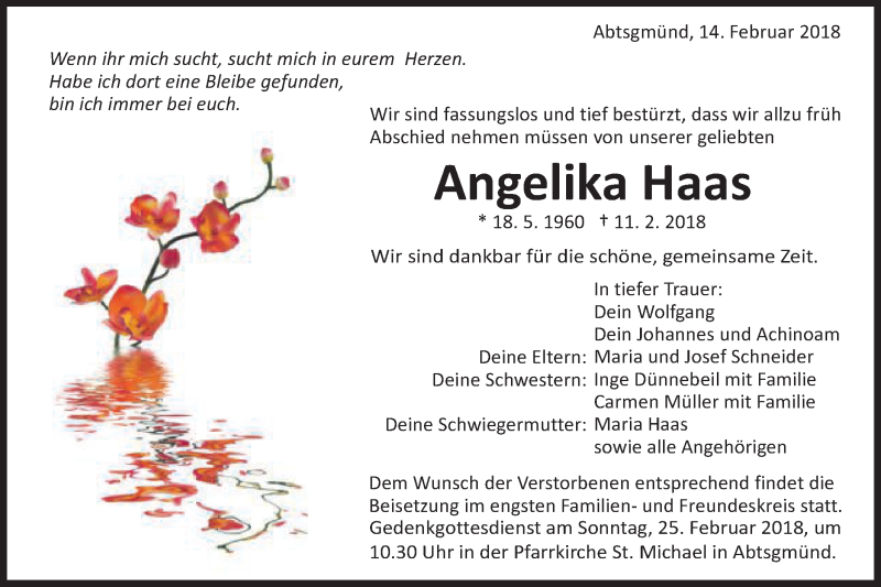  Traueranzeige für Angelika Haas vom 14.02.2018 aus Schwäbische Post