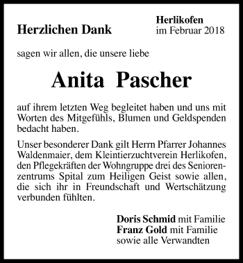 Traueranzeige von Anita Pascher von Gmünder Tagespost