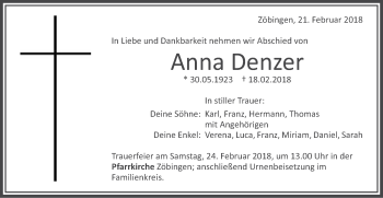 Traueranzeige von Anna Denzer von Schwäbische Post