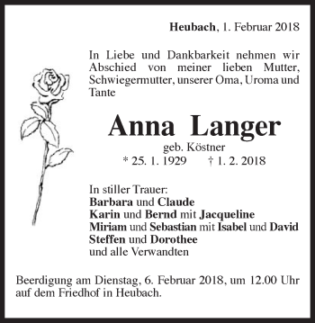 Traueranzeige von Anna Langer von Gmünder Tagespost
