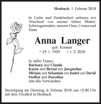 Traueranzeige von Anna Langer