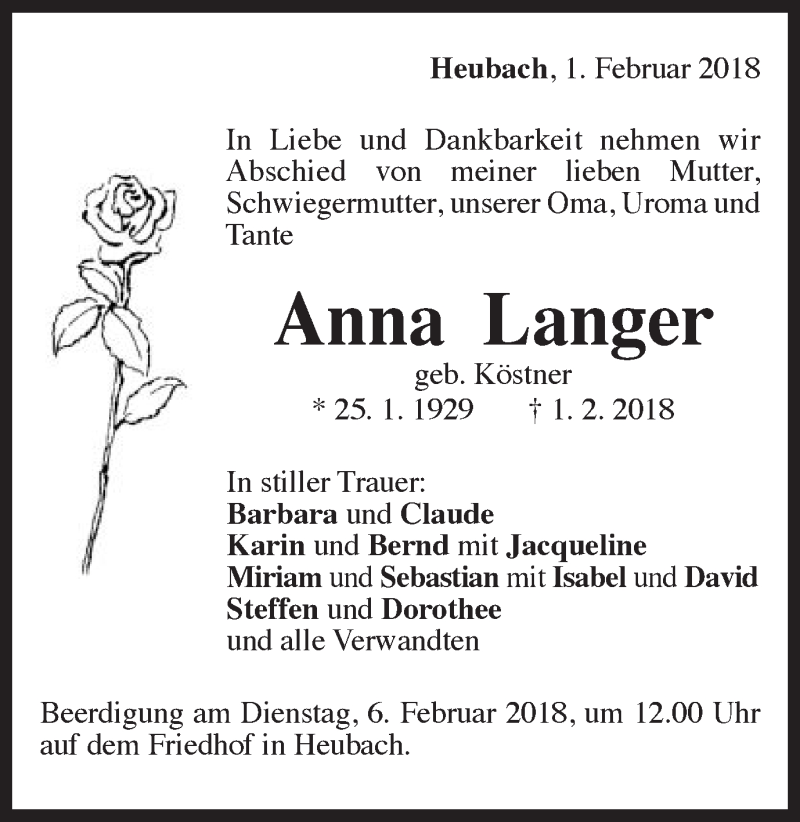  Traueranzeige für Anna Langer vom 02.02.2018 aus Gmünder Tagespost