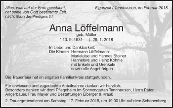 Traueranzeige von Anna Löffelmann von Schwäbische Post