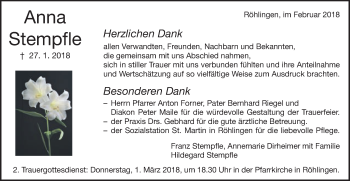 Traueranzeige von Anna Stempfle von Schwäbische Post