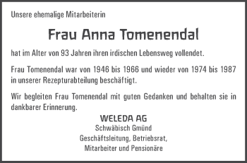 Traueranzeige von Anna Tomenendal von Gmünder Tagespost