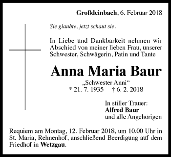 Traueranzeige von Anna Maria Baur von Gmünder Tagespost