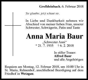 Traueranzeige von Anna Maria Baur