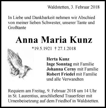 Traueranzeige von Anna Maria Kunz von Gmünder Tagespost