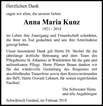 Traueranzeige von Anna Maria Kunz von Gmünder Tagespost