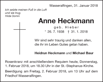 Traueranzeige von Anne Heckmann von Schwäbische Post