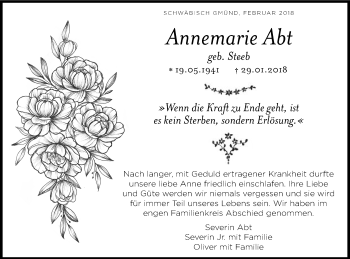 Traueranzeige von Annemarie Abt von Gmünder Tagespost