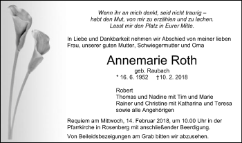 Traueranzeige von Annemarie Roth von Schwäbische Post