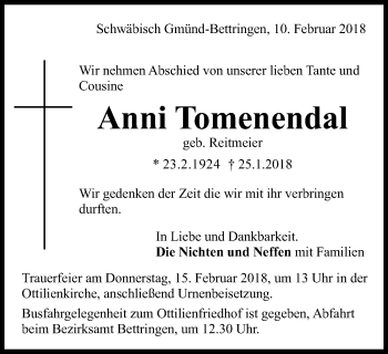 Traueranzeige von Anni Tomenendal von Gmünder Tagespost