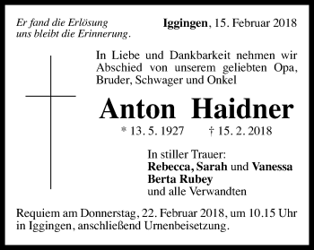 Traueranzeige von Anton Haidner von Gmünder Tagespost