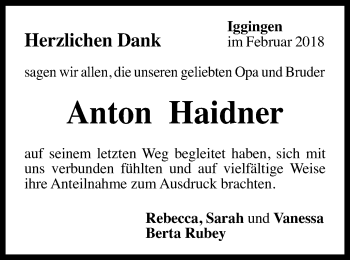 Traueranzeige von Anton Haidner von Gmünder Tagespost