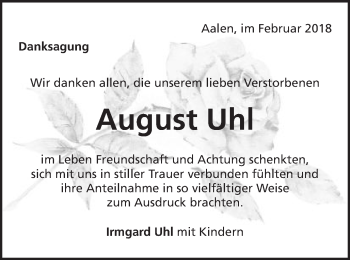 Traueranzeige von August Uhl von Schwäbische Post