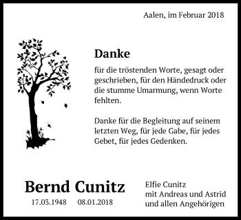 Traueranzeige von Bernd Cunitz von Schwäbische Post
