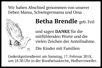 Traueranzeige von Betha Brendle von Schwäbische Post