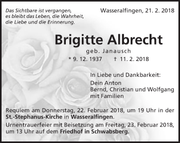 Traueranzeige von Brigitte Albrecht von Schwäbische Post