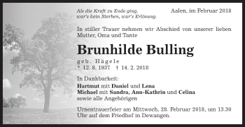 Traueranzeige von Brunhilde Bulling von Schwäbische Post