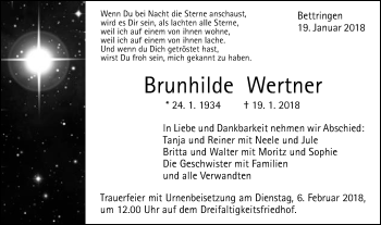 Traueranzeige von Brunhilde Wertner von Gmünder Tagespost
